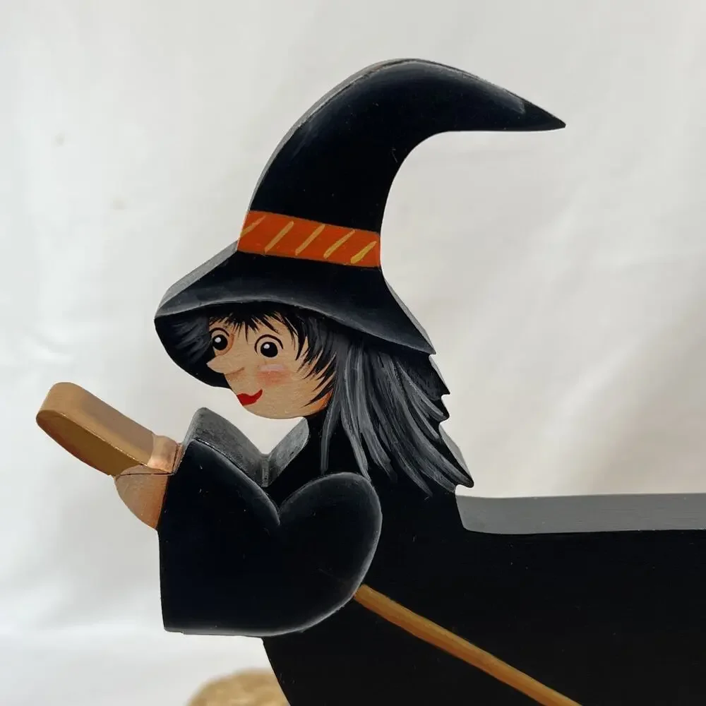 Hand Carved Wooden Witch On Broom Halloween Figurine Folk Art Black Dress & Hat